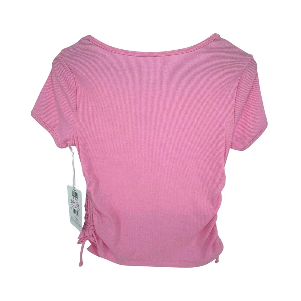 Justice NASCAR Top Girls XL 16-18 Pink Ribbed Cinched Side Square Neck NEW